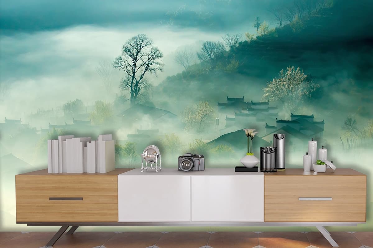 Mountain Wallpaper, Foggy landscape with houses and trees shown in a room