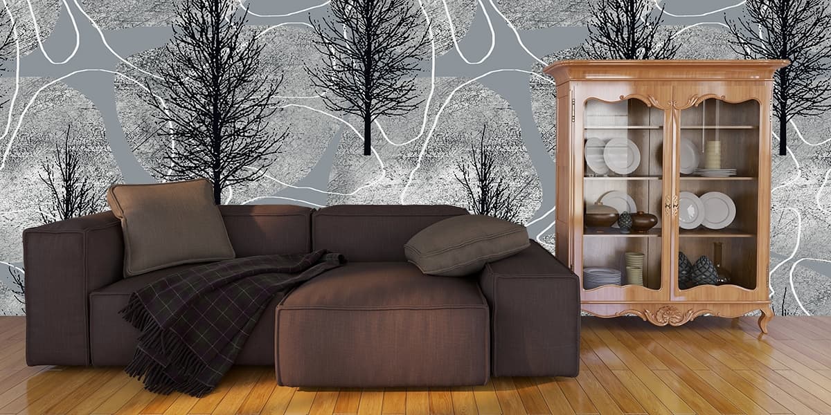 A Modern Trees and Rocks Pattern Wallpaper shown in a room