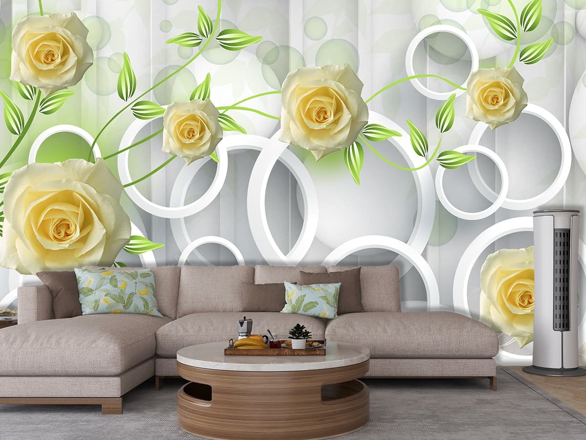 Wallpaper with Yellow Roses and White Rings for Wall shown in a room