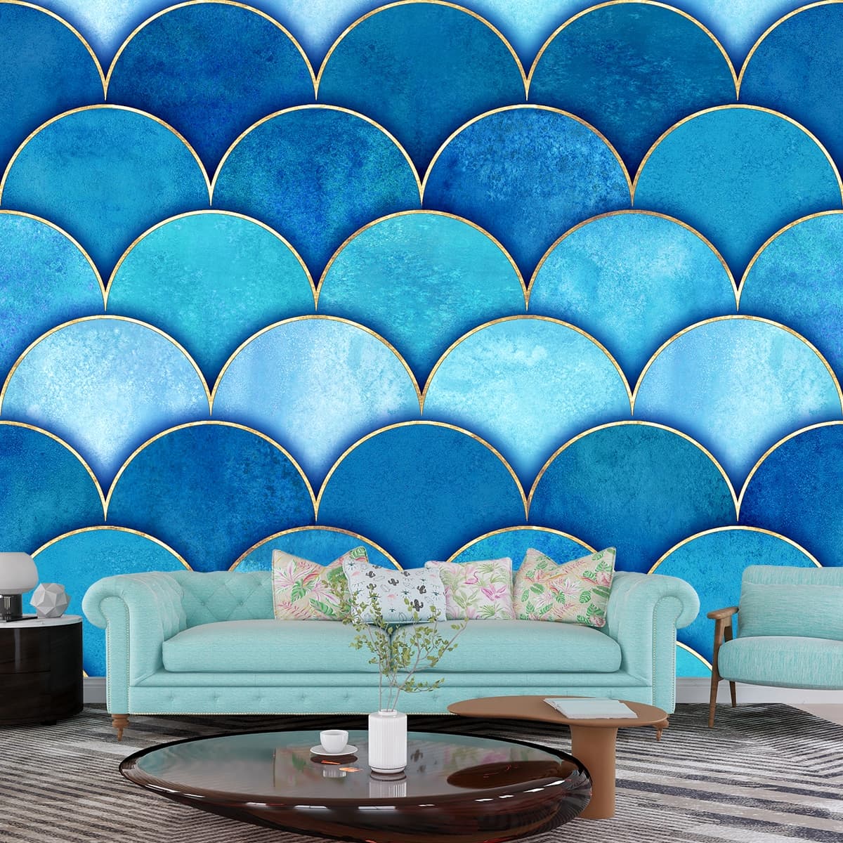 Blue Fish Scale Pattern Wallpaper for Walls shown in a room