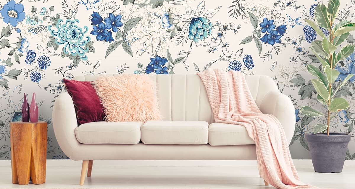 A floral pattern on a white background shown in a room