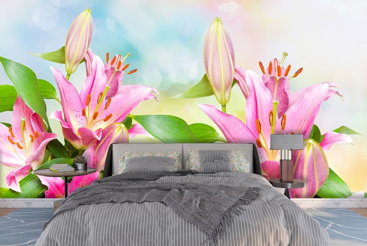 Pink Lily Flowers Wallpaper Mural shown in a room