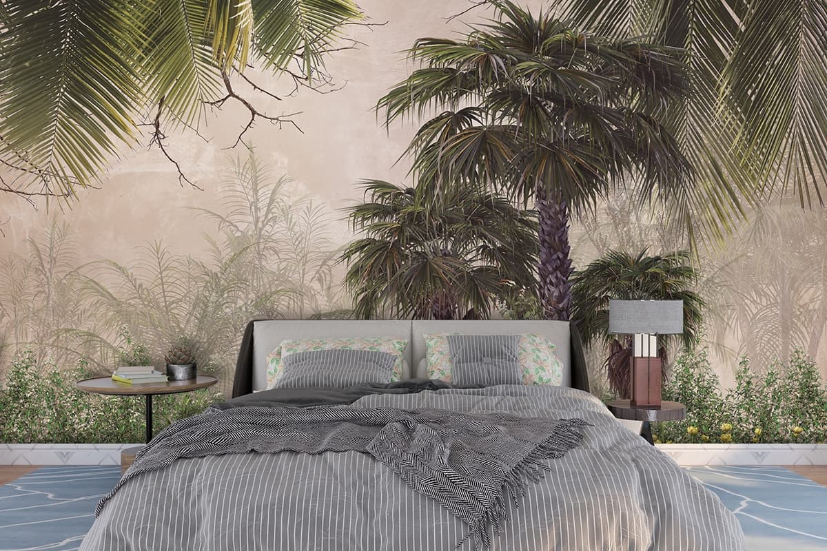 Palm Trees and Plants Tropical Nature Design wallpaper shown in a room