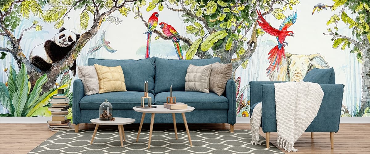 Serene Birds on Tree Branch Classic Nature Art Wallpaper shown in a room