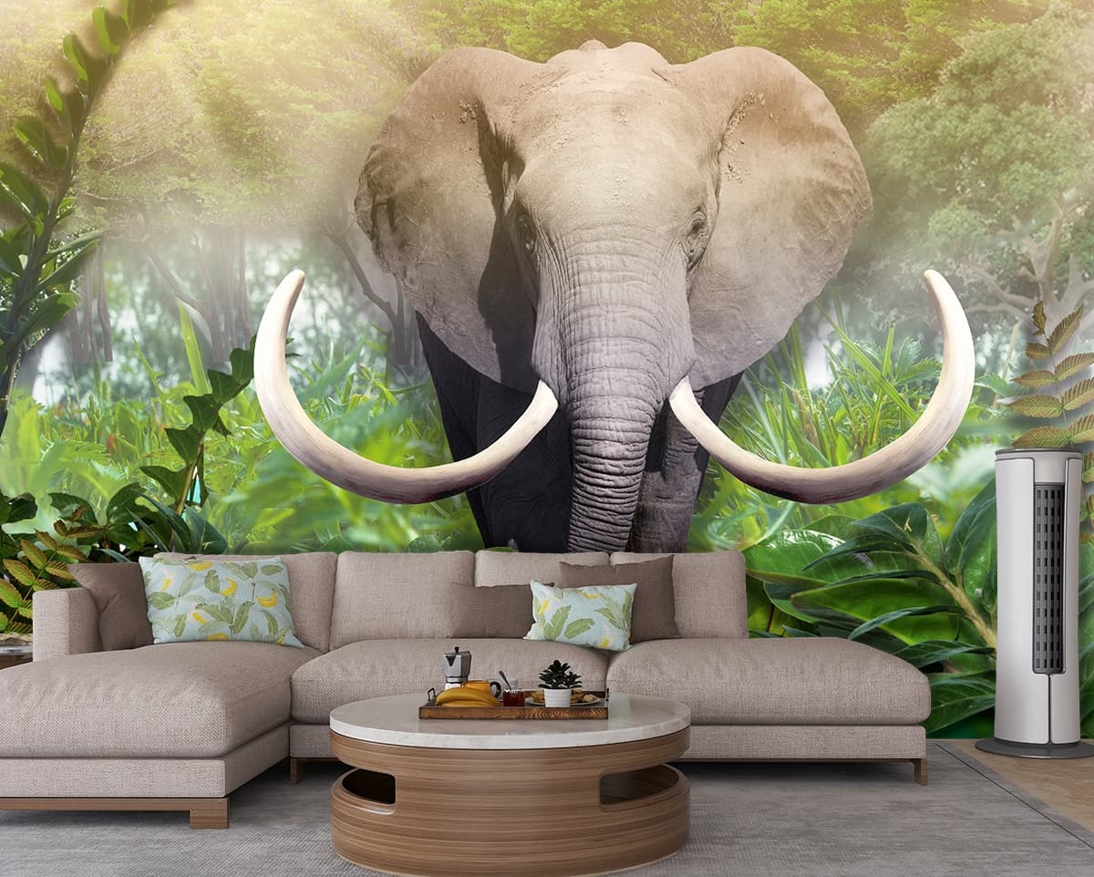 Majestic Elephant in Jungle Safari Style Wallpaper shown in a room