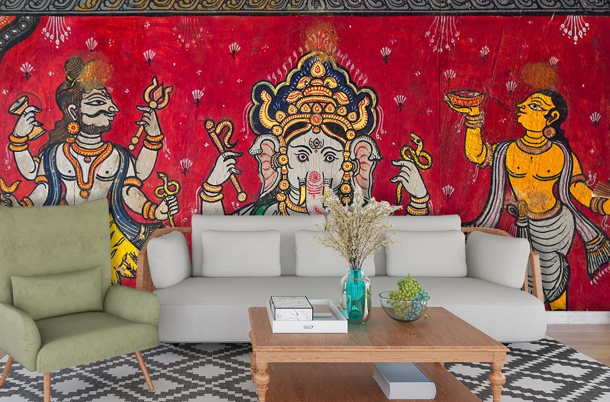Ganesha Traditional Pattachitra Art Wallpaper Mural shown in a room