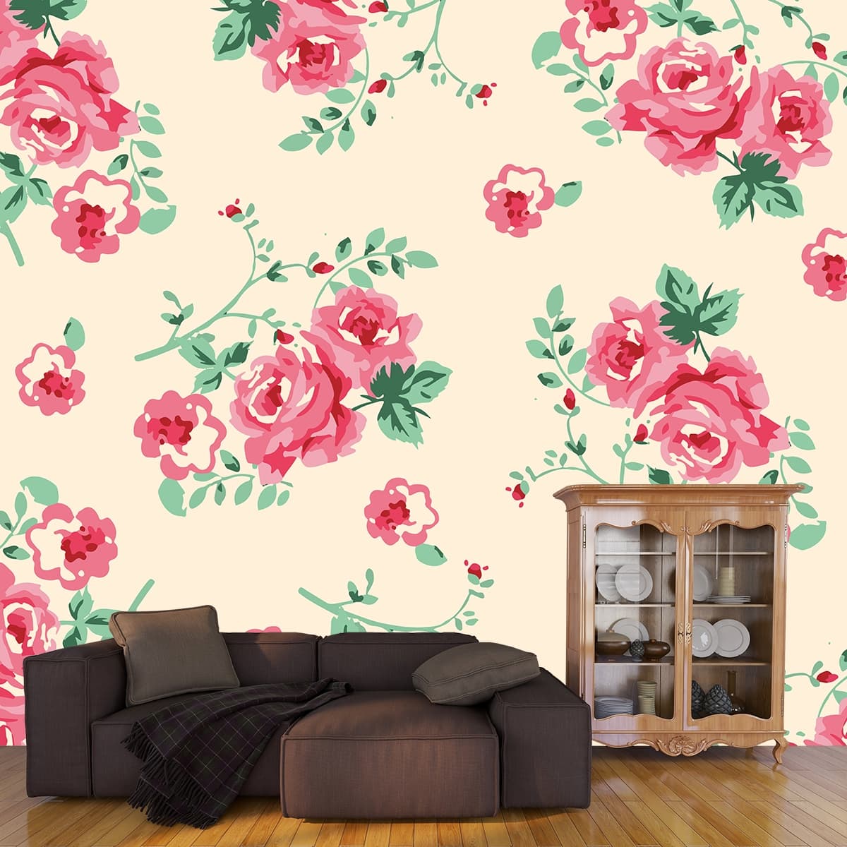 Modern Pink Flower Pattern Room Decor wallpaper shown in a room