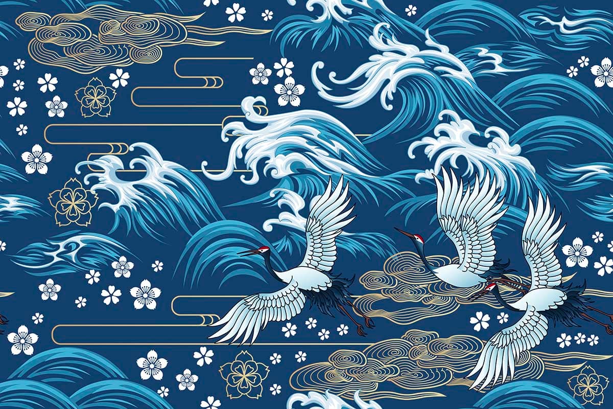 A blue and white pattern with birds flying in the air pattern detail