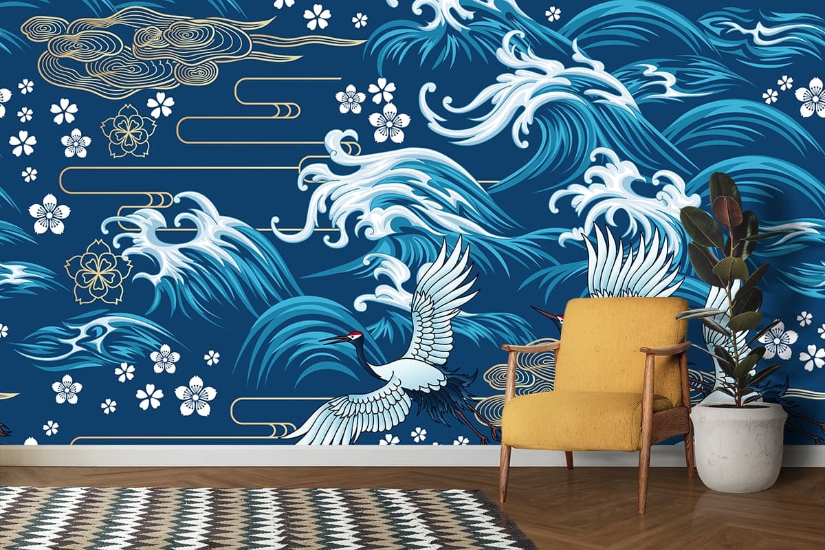 A blue and white pattern with birds flying in the air shown in a room