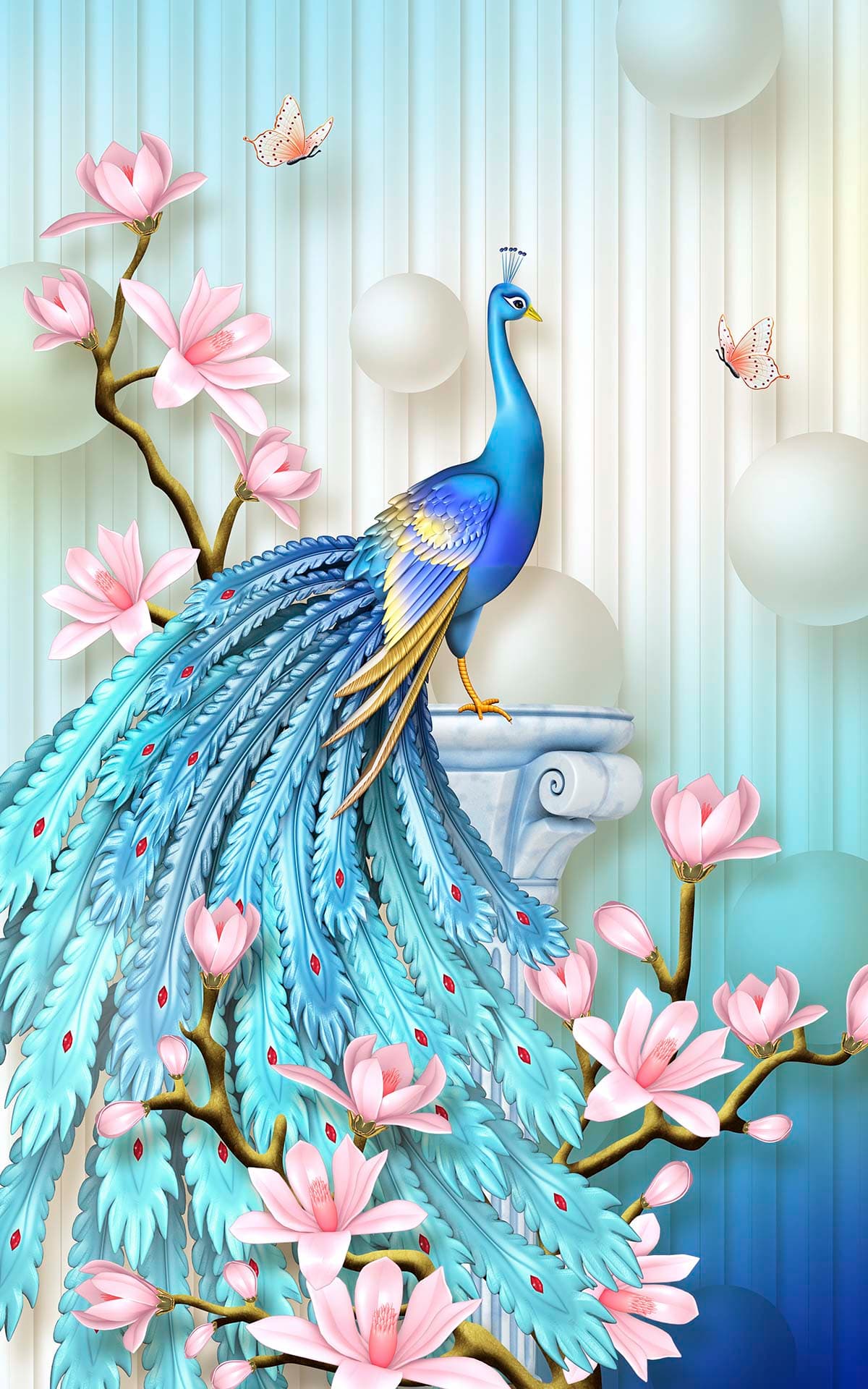 Royal blue peacock with pink blooms and pearls wallpaper pattern detail