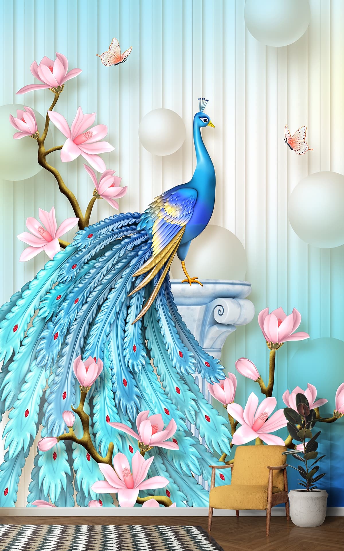 Royal blue peacock with pink blooms and pearls wallpaper shown in a room