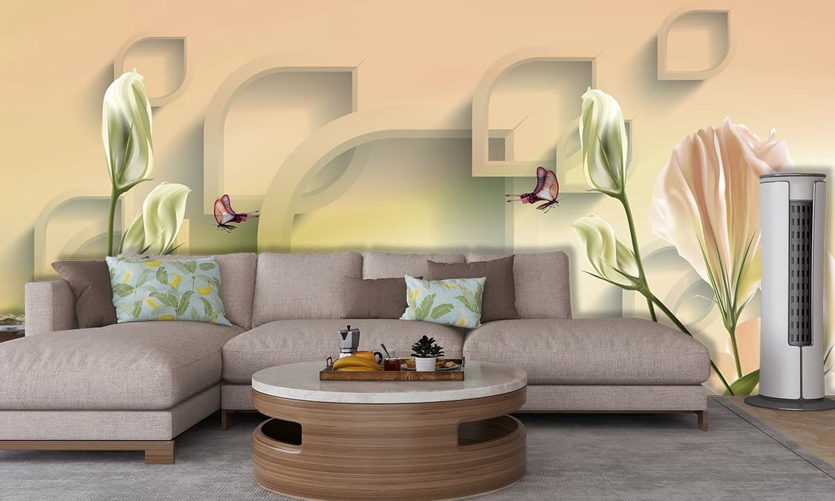 Flowers and Butterflies Pattern Elegant Wall Mural Wallpaper shown in a room