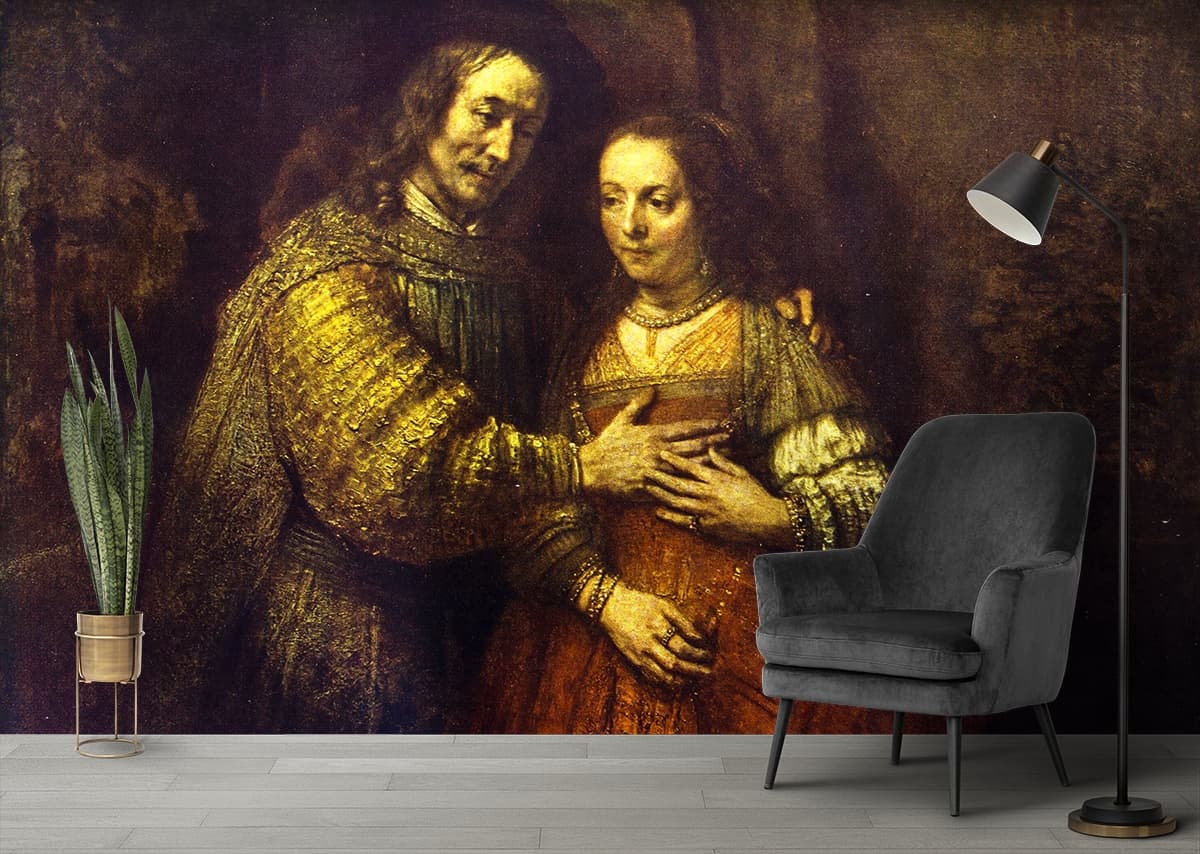 A man and woman in a gold dress shown in a room