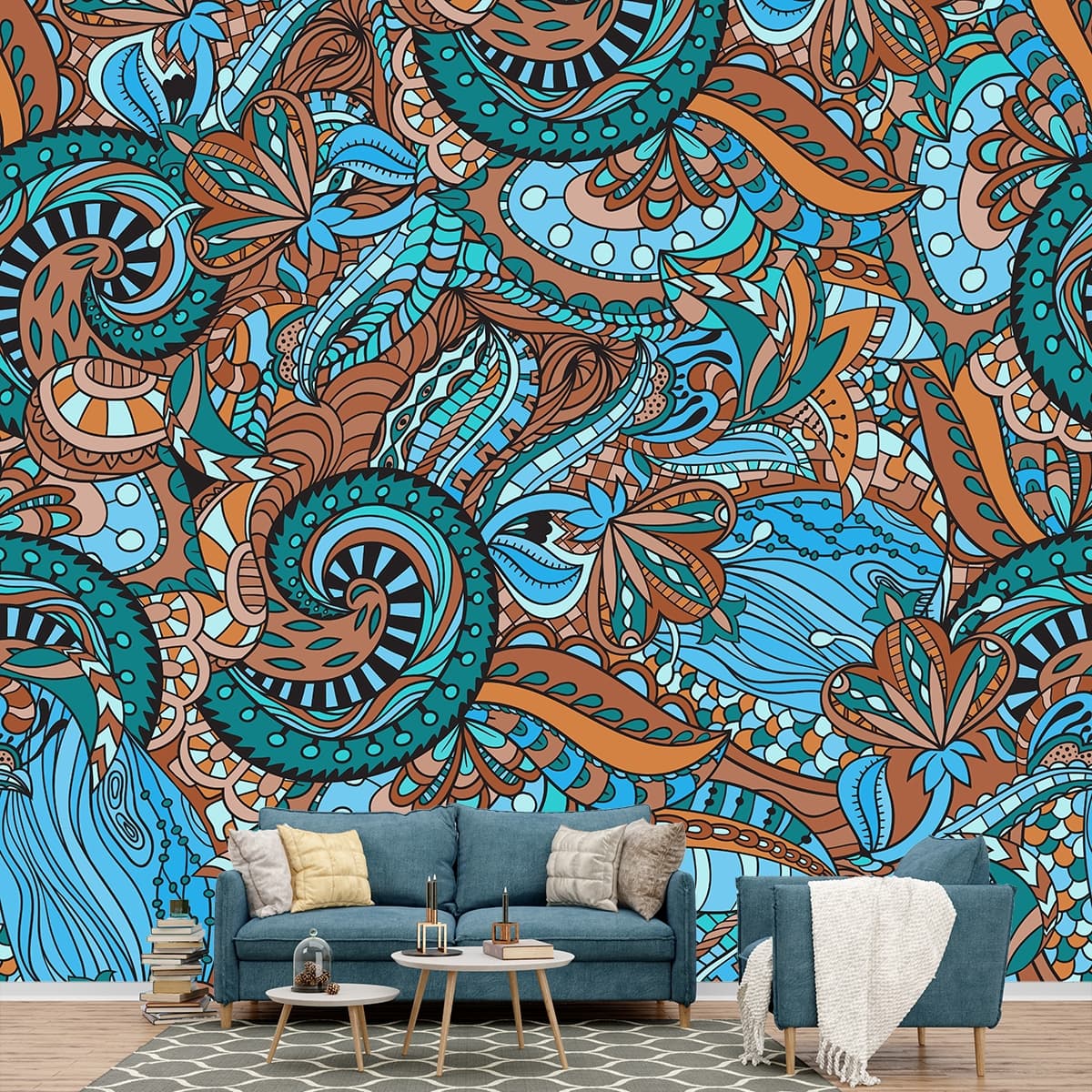 A Pattern of Blue and Brown Paisleys Traditional Elegant Wallpaper shown in a room