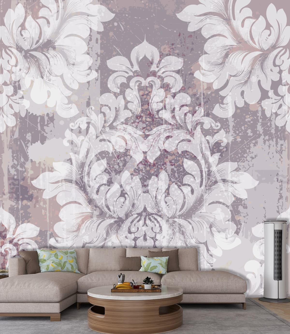 A wallpaper with white and pink designs shown in a room