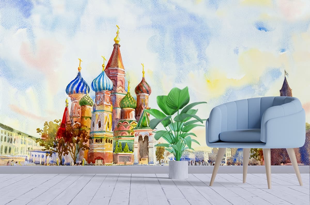 Vibrant Architecture with Colorful Domes Watercolor Wallpaper shown in a room