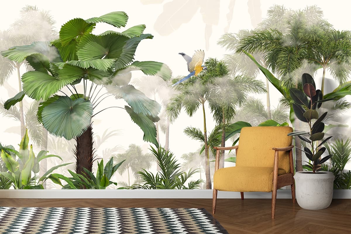 Sparshvan, Realistic Tropical Trees and Birds Wallpaper shown in a room