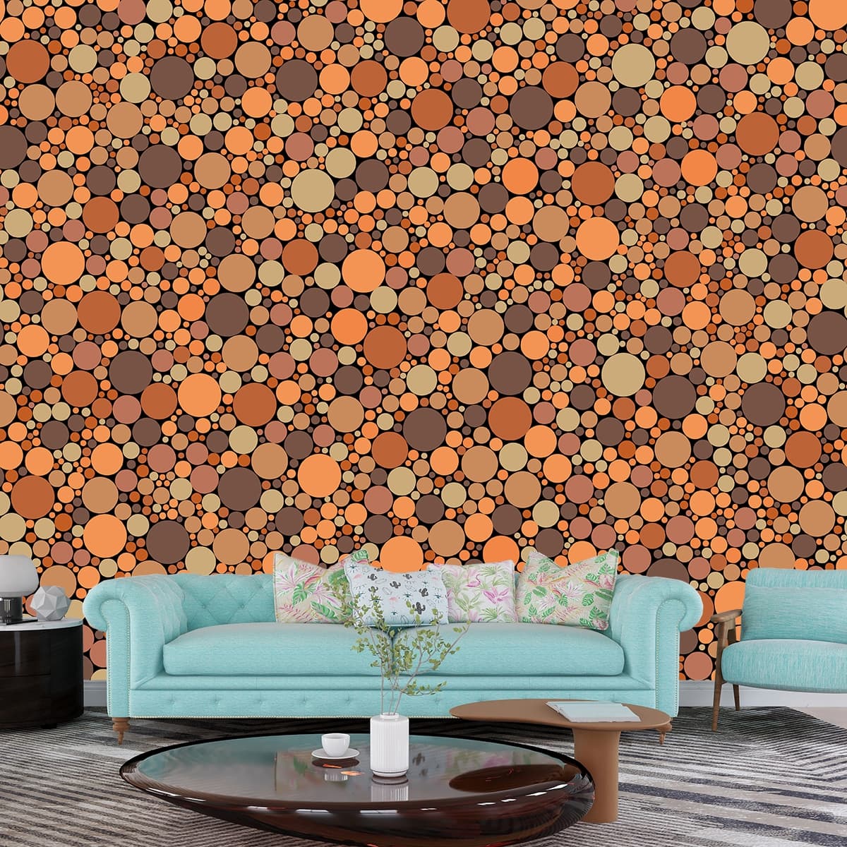 A group of orange and brown circles shown in a room