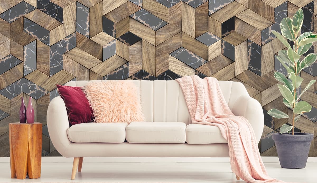 Premium Wood and Marble Abstract Pattern Wallpaper shown in a room