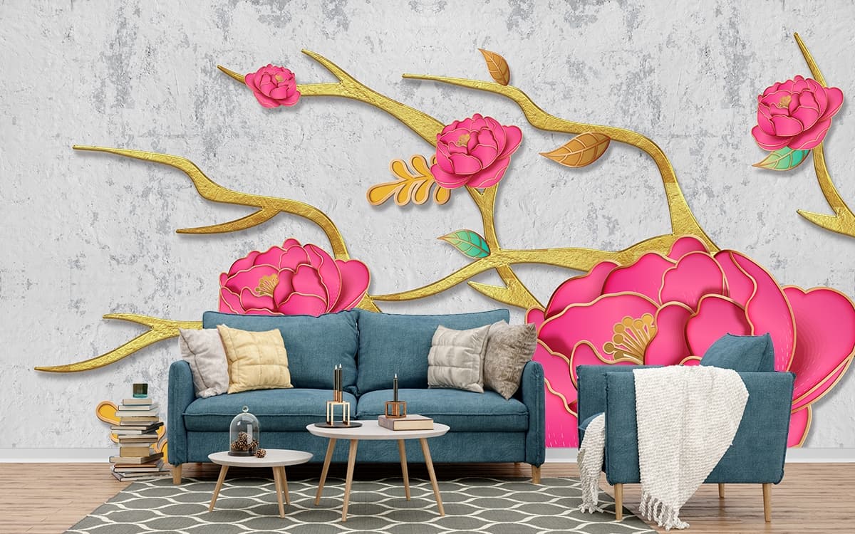 Golden Stems Roses Wallpaper Mural shown in a room