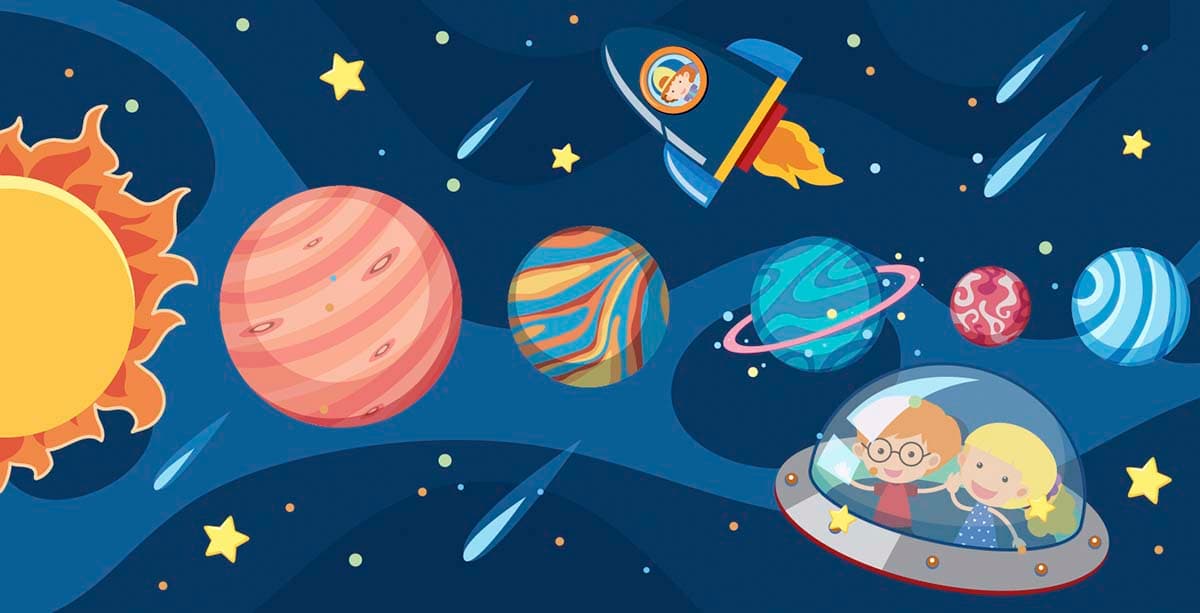 Galaxy Rocket and Planets Cartoon Wallpaper pattern detail