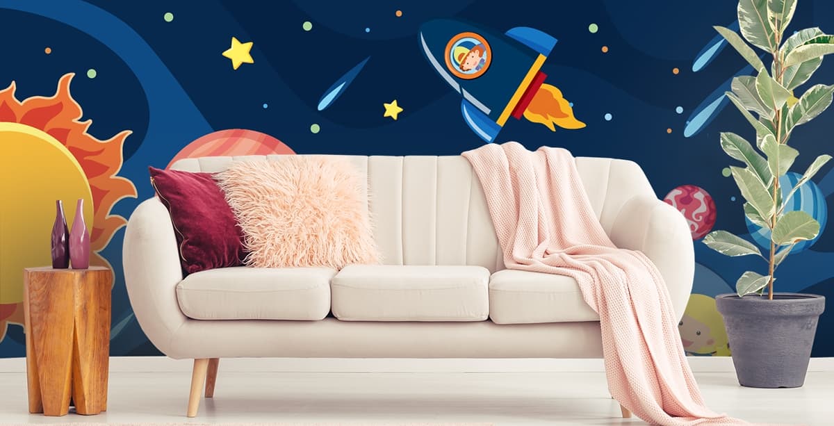 Galaxy Rocket and Planets Cartoon Wallpaper shown in a room