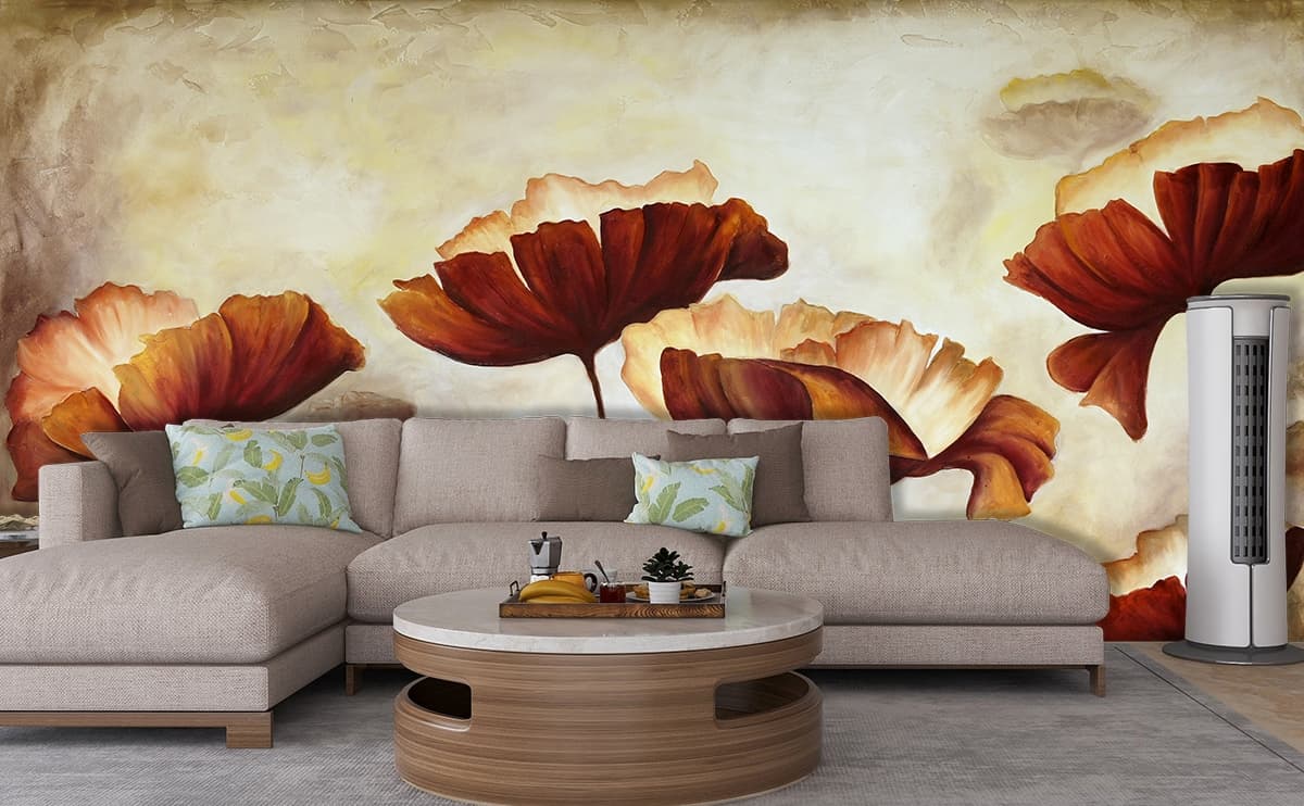 Painting of Beautiful Flowers Mural Wallpaper shown in a room