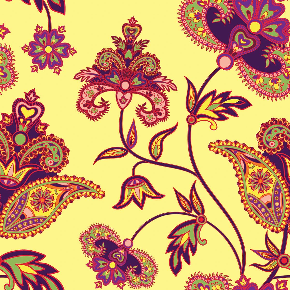 A colorful floral pattern on a yellow background pattern detail