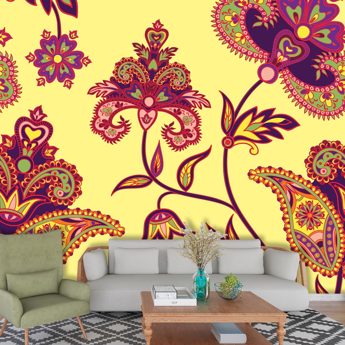 A colorful floral pattern on a yellow background shown in a room