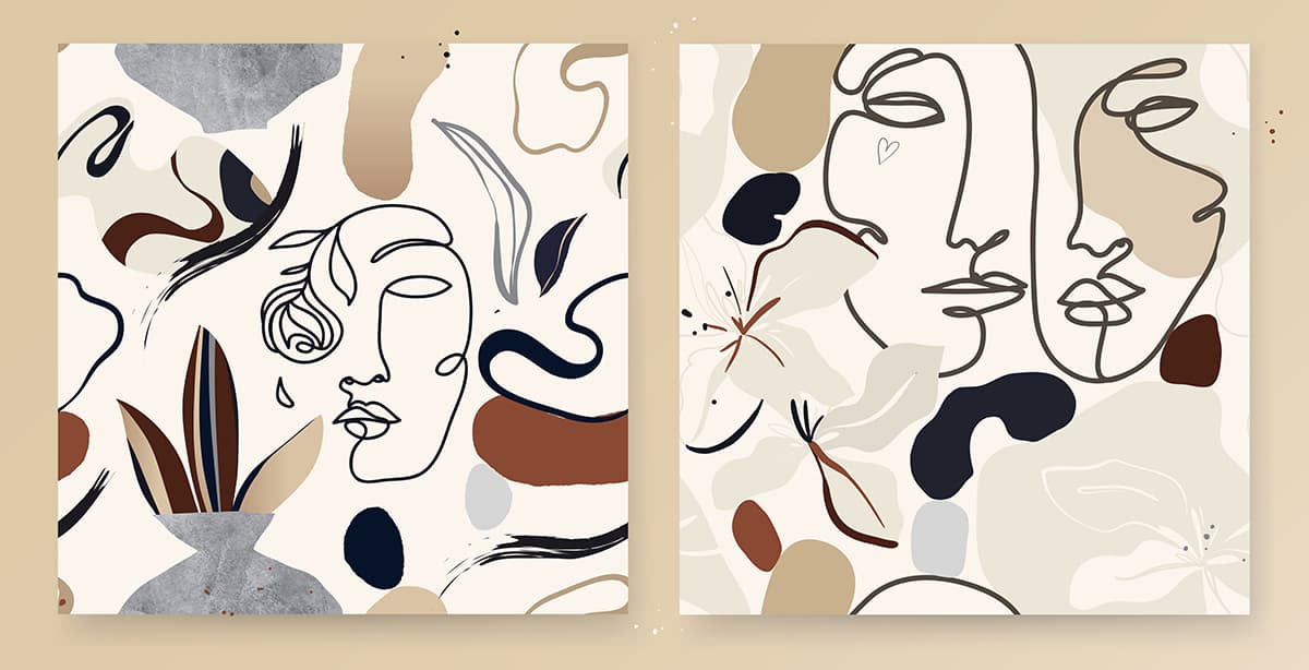 Abstract Faces with Floral Art Modern Wallpaper pattern detail