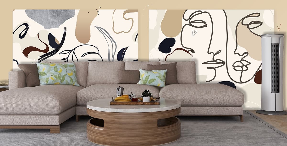Abstract Faces with Floral Art Modern Wallpaper shown in a room