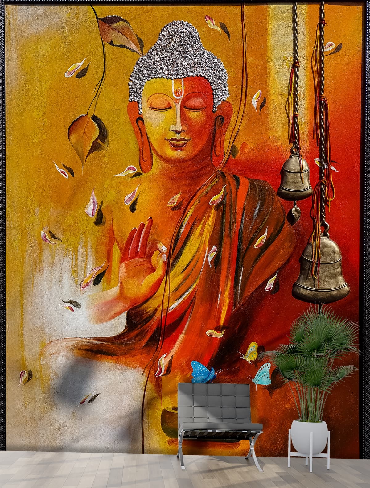 Luxury Zen Buddha with Falling Leaves Wallpaper shown in a room