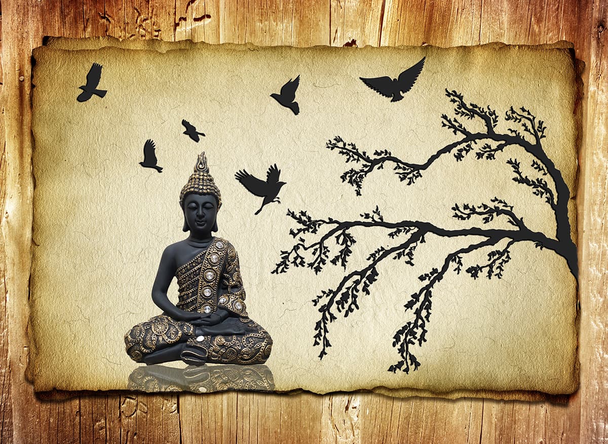 Peaceful Buddha Meditation Scene Wall Design Wallpaper pattern detail