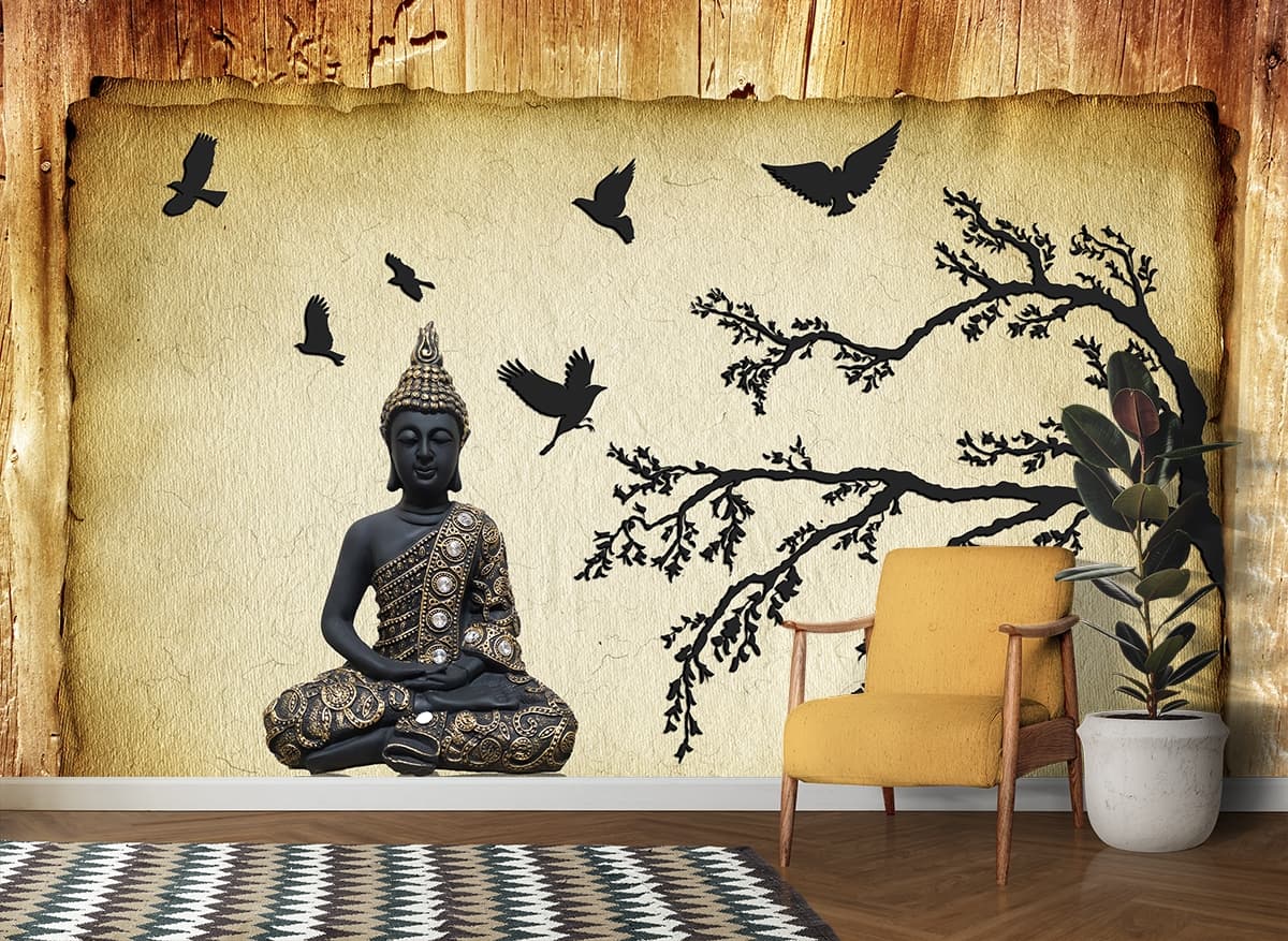 Peaceful Buddha Meditation Scene Wall Design Wallpaper shown in a room