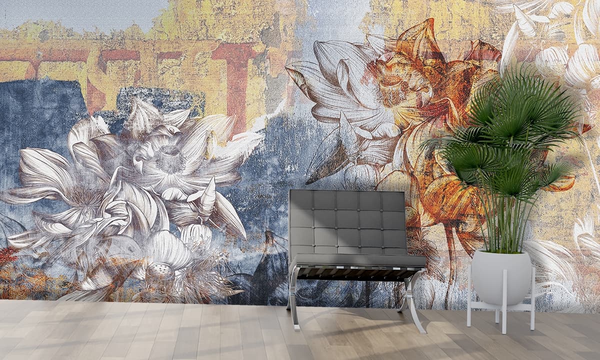 An Abstract Wallpaper of Flowers on a Wall shown in a room