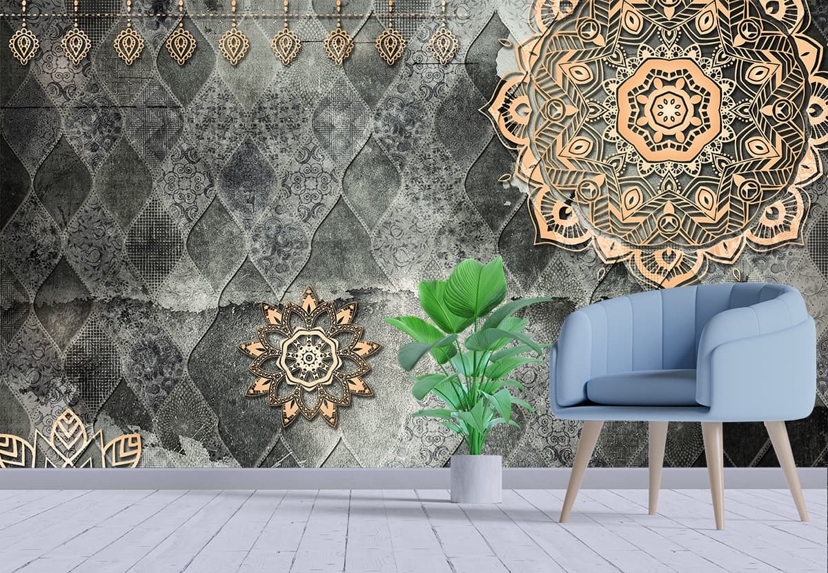 3D Damask Wallpapers shown in a room