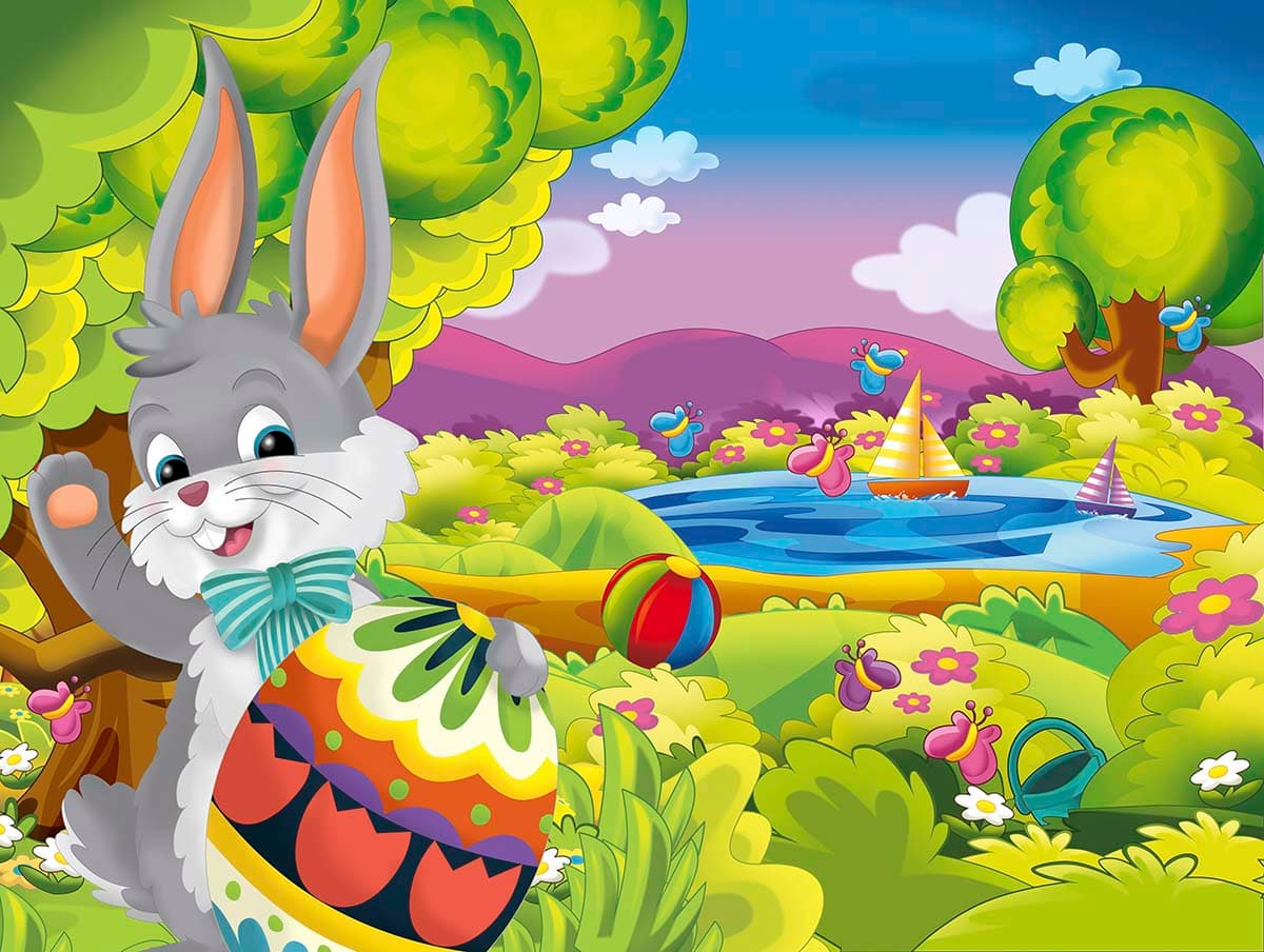 Cartoon Wallpaper of Rabbit in Beautiful Jungle for Kids Room pattern detail
