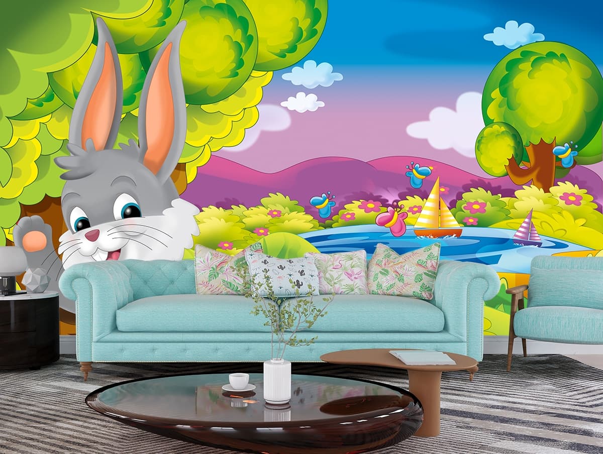 Cartoon Wallpaper of Rabbit in Beautiful Jungle for Kids Room shown in a room