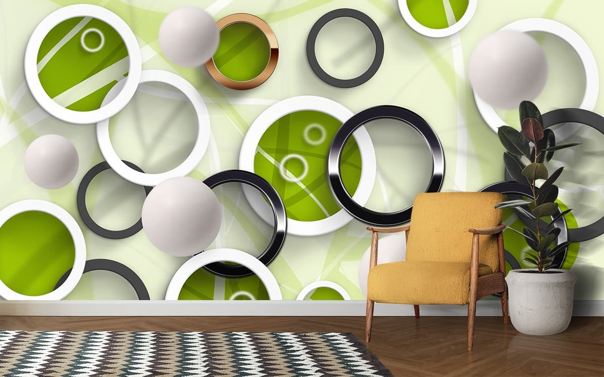 A group of circles and spheres shown in a room