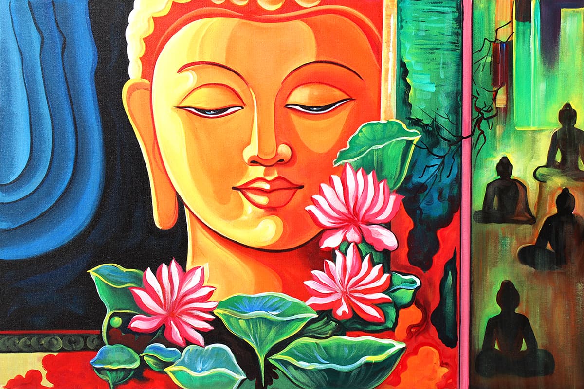 A painting of a face and flowers pattern detail