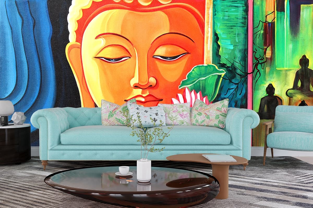 A painting of a face and flowers shown in a room