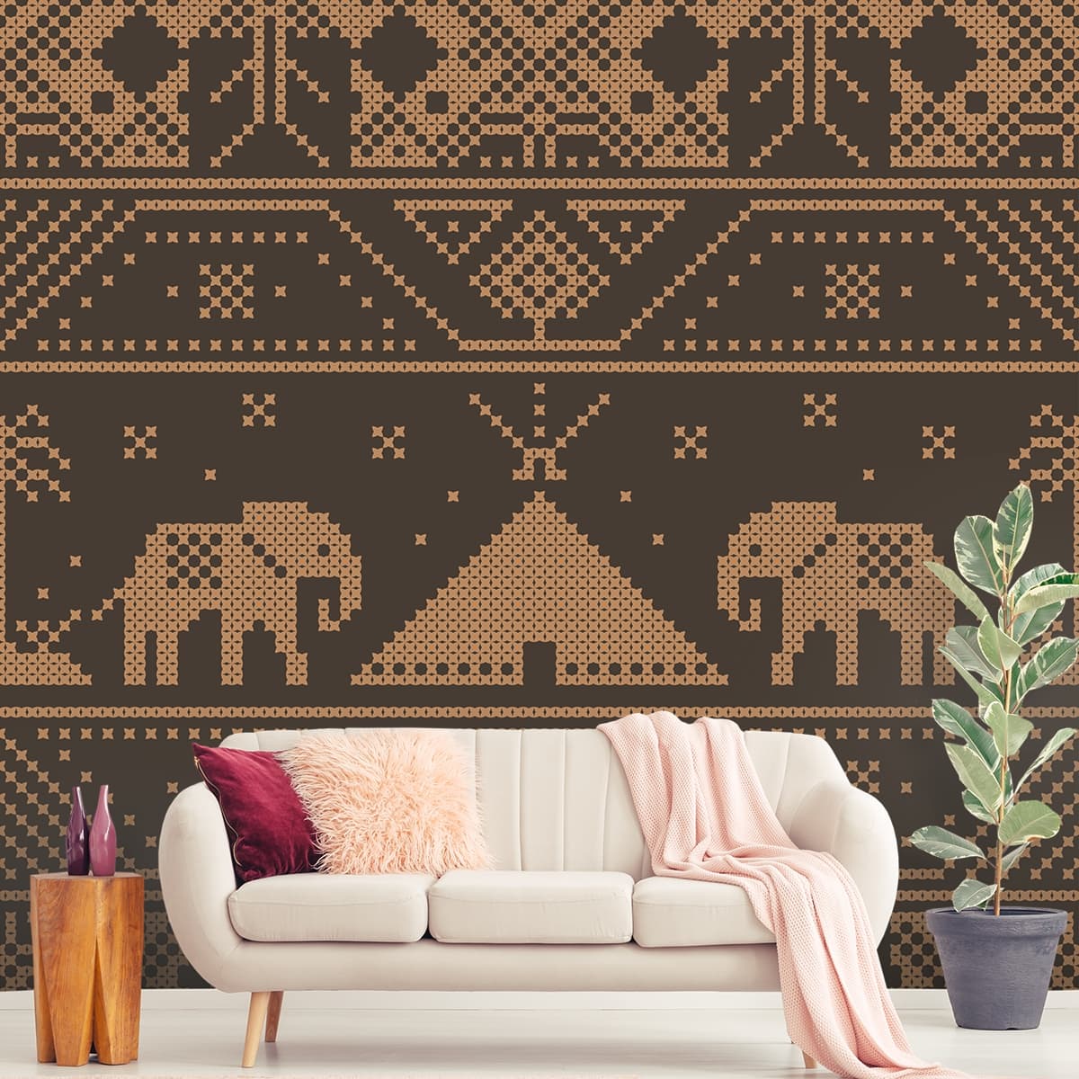 Elephant Wallpaper for Walls, A pattern of elephants and a tent shown in a room