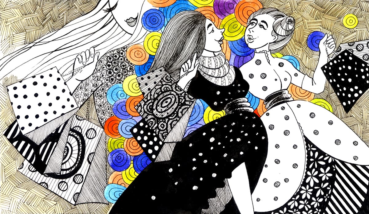 A drawing of women in different outfits pattern detail