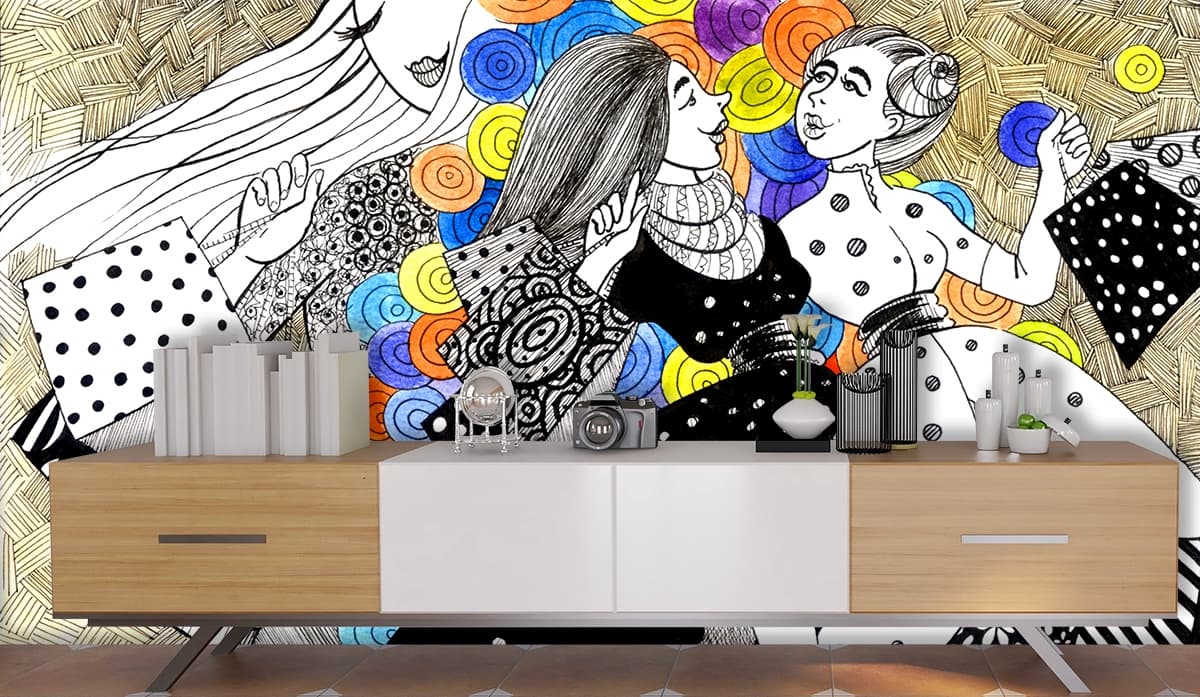 A drawing of women in different outfits shown in a room