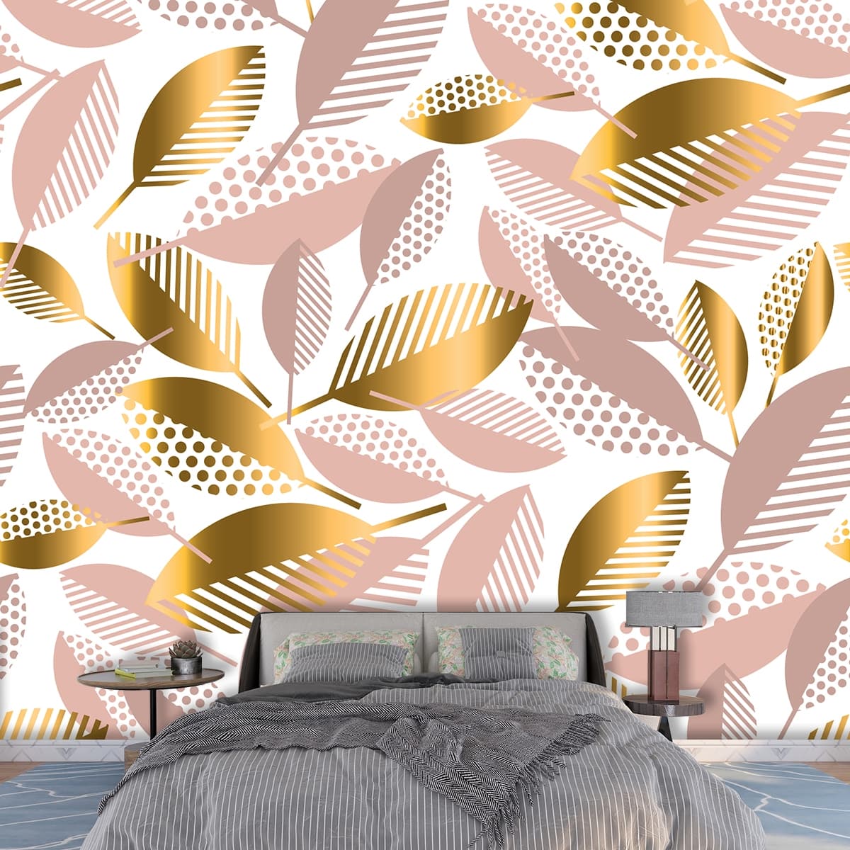 Luxurious Pattern of Gold and Pink Leaves Wallpaper shown in a room
