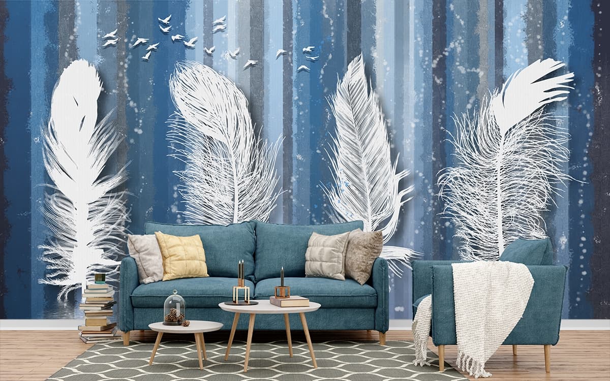 Luxury White Feather Water Effect Wall Mural Wallpaper shown in a room