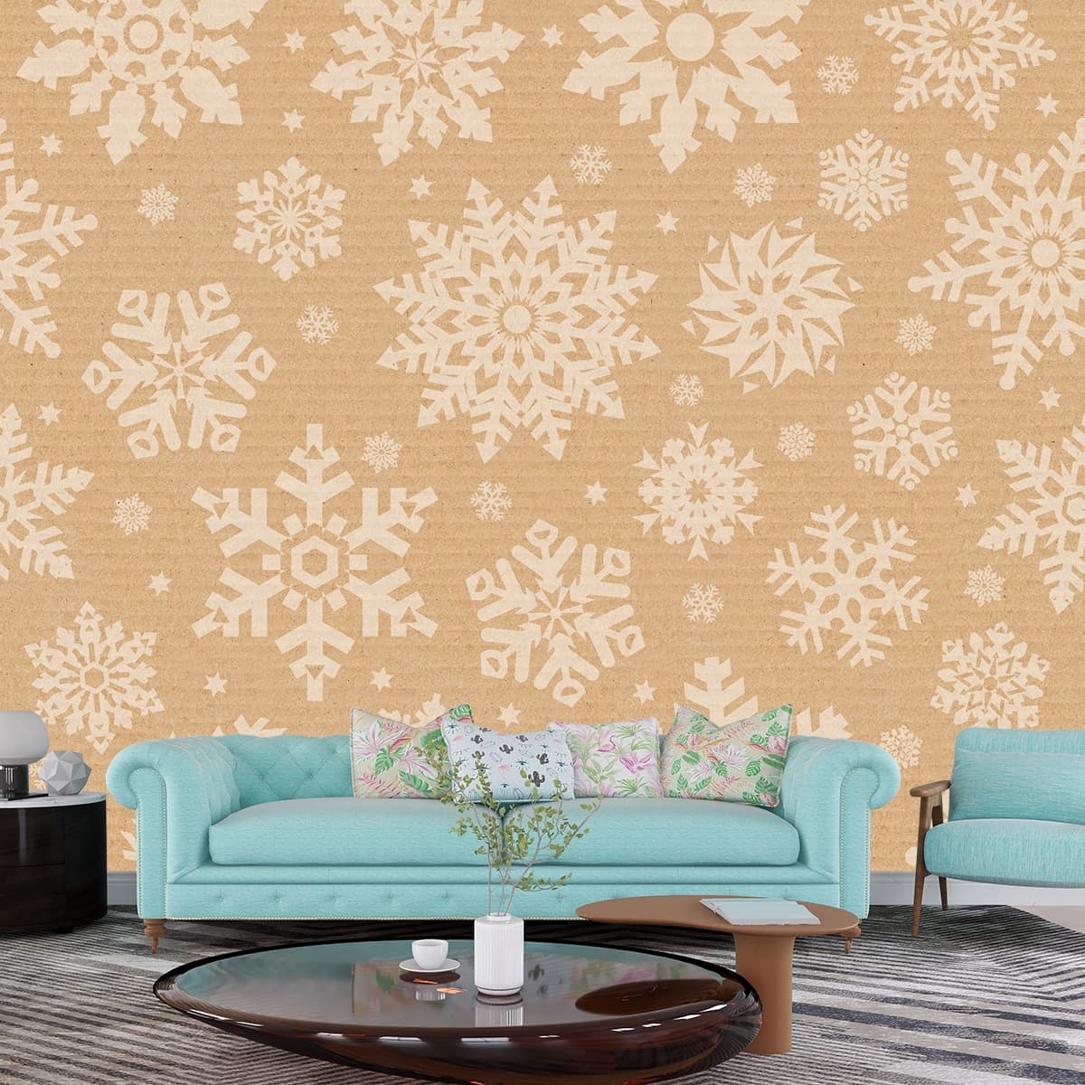 A brown cardboard with white snowflakes shown in a room