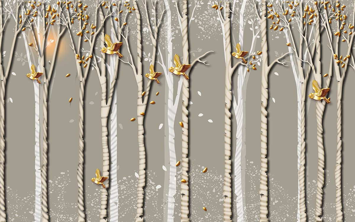 Nature-Inspired Trees and Birds Design Wallpaper pattern detail