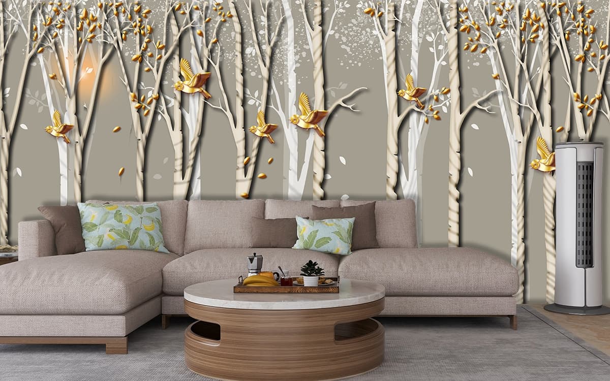 Nature-Inspired Trees and Birds Design Wallpaper shown in a room