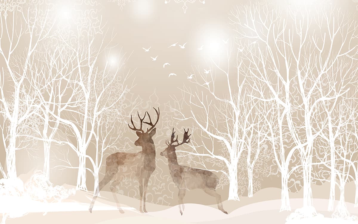 Luxury Winter Holiday Forest with Deer Scene Wallpaper pattern detail